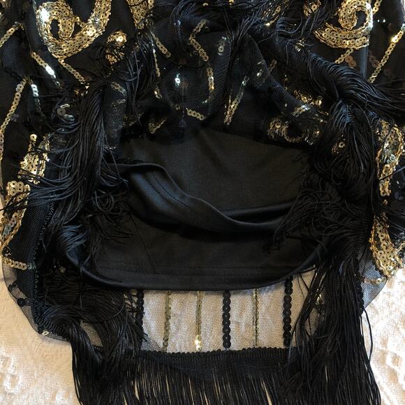 Black Gold Sequin Fringe Dress M Dance Party NYE Gatsby 1920 Flapper Costume NEW - Picture 12 of 13